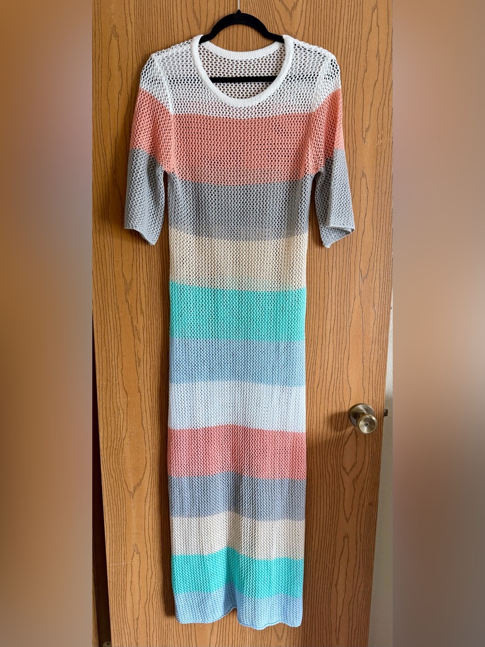 Striped Knit Maxi Dress/ Coverup in Coral, Teal & Gray